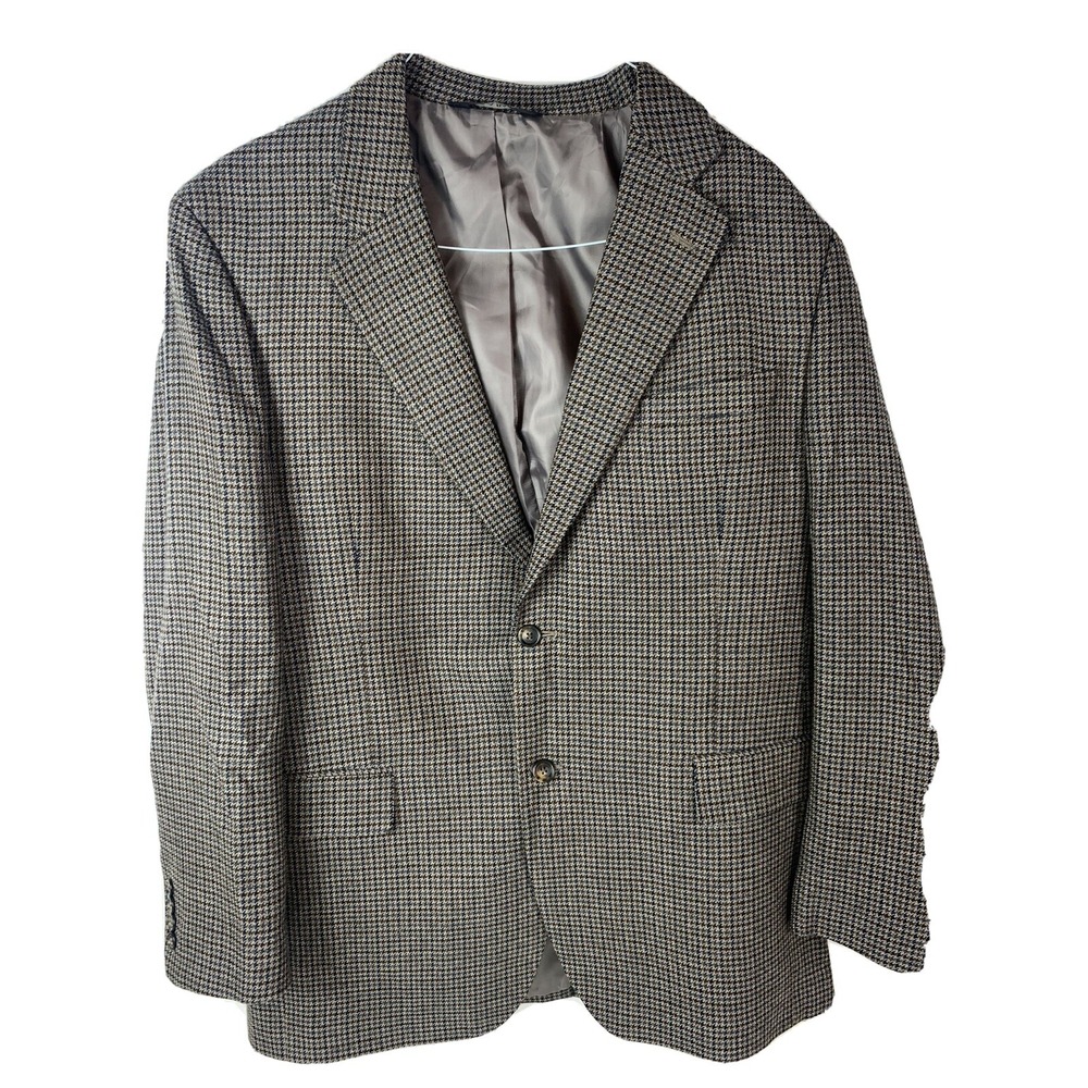 Jos A Bank Mens 43L Mini Houndstooth Wool Blazer Sport Coat Jacket Blue Brown